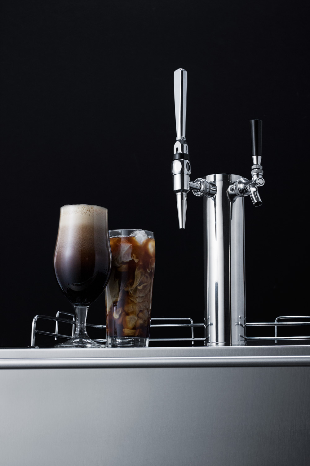Built-in undercounter ADA height commercially listed dual tap combo nitro/cold brew coffee dispenser with stainless steel door and black cabinet